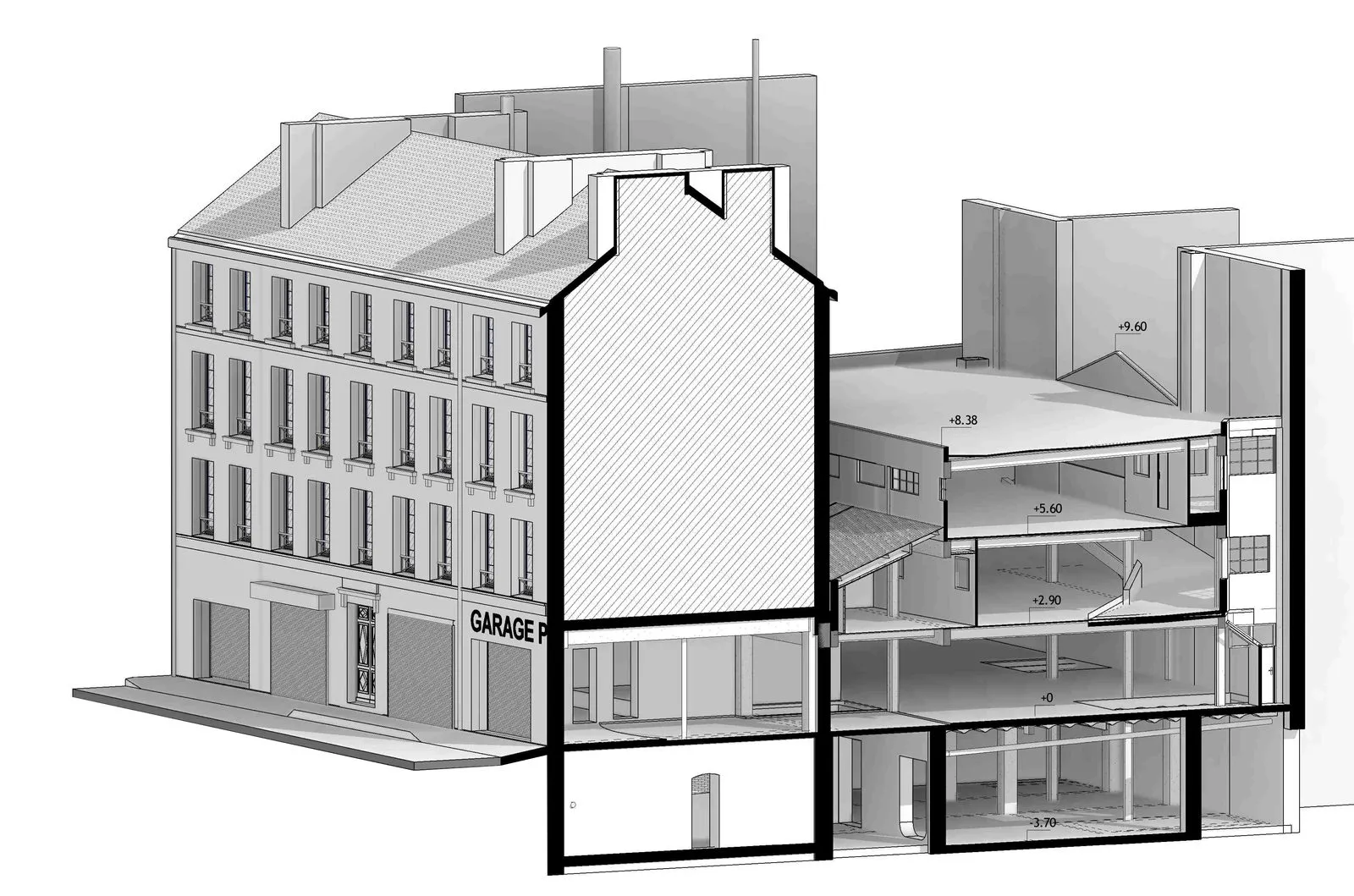 Coupe perspective de la maquette Revit de l’immeuble transformé en salle d’escalade