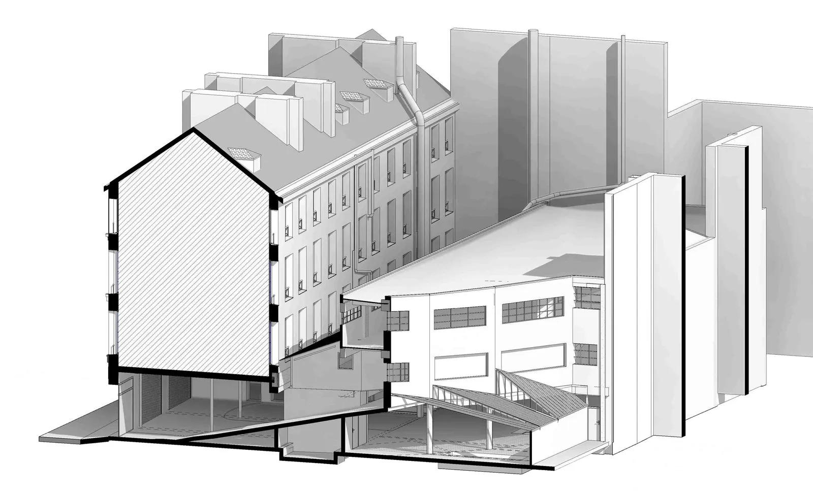 Coupe perspective de la maquette sur les volumes de grande hauteur de la salle