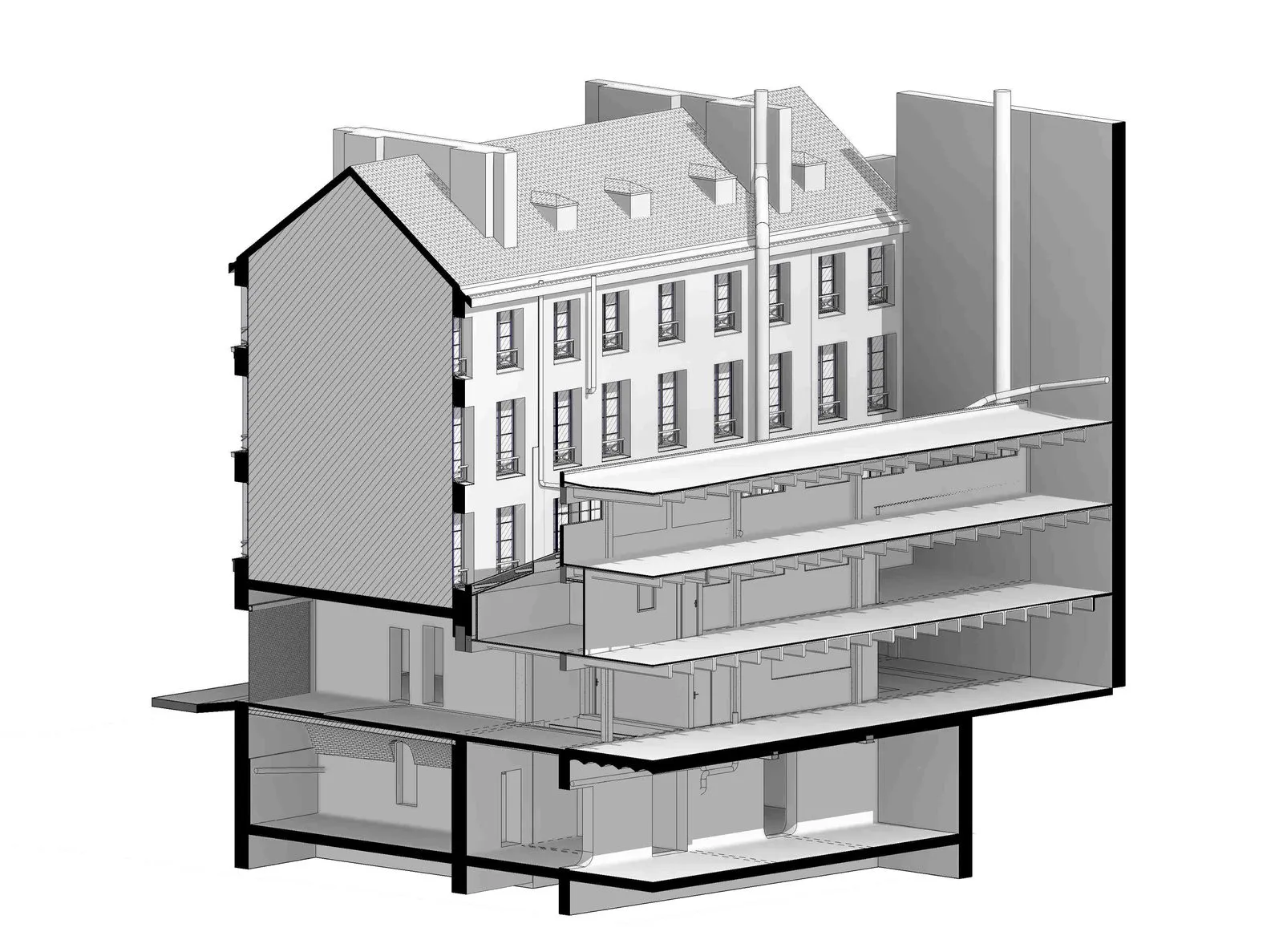 Coupe perspective de la maquette Revit — niveaux et ossature de l’immeuble