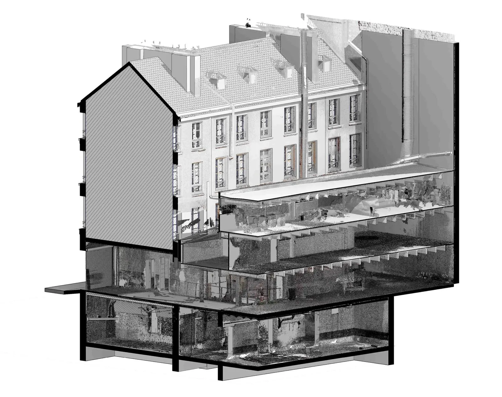 Coupe mixte nuage de points et maquette Revit de l’immeuble