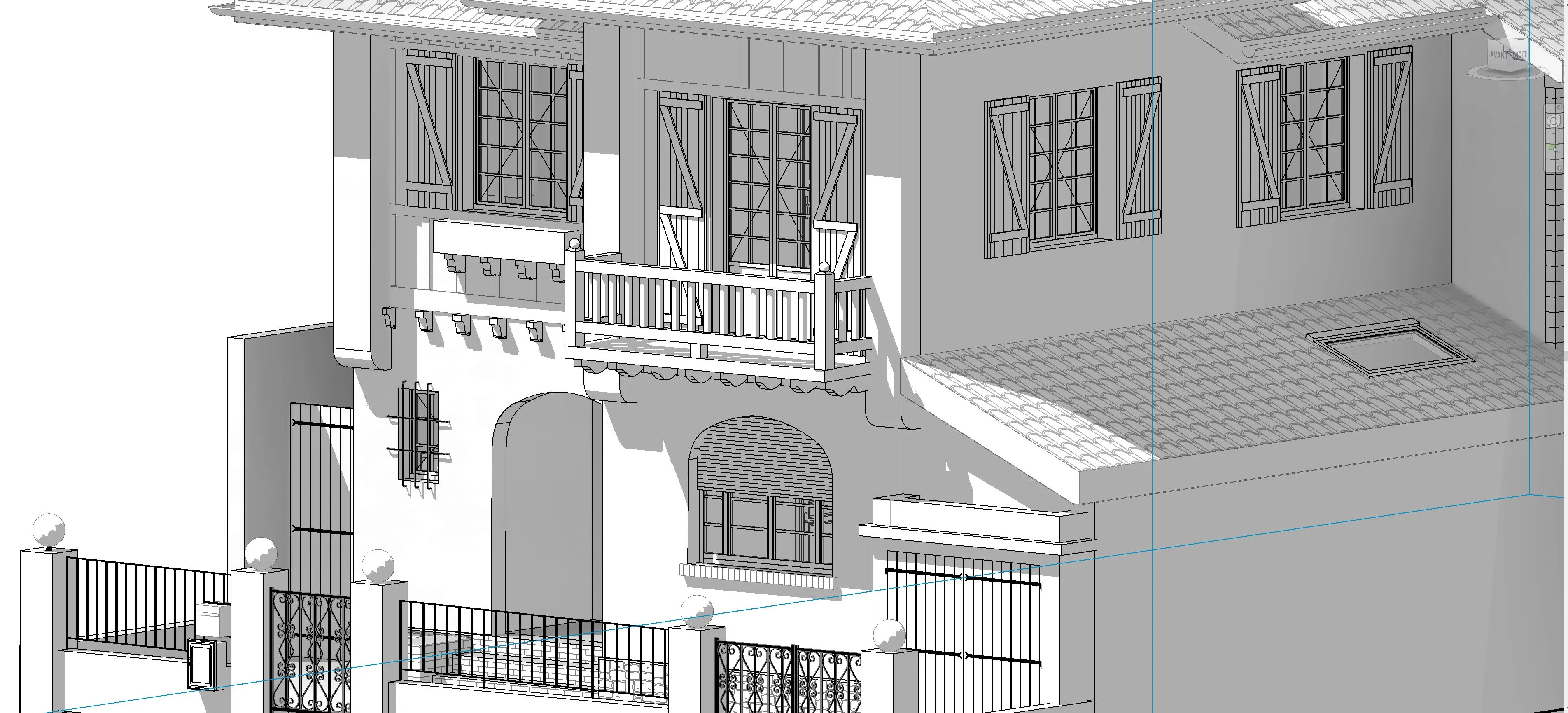 Maquette Revit de la façade sur rue : pans de bois, volets à barres et écharpes, balcon à balustres et couverture en tuiles