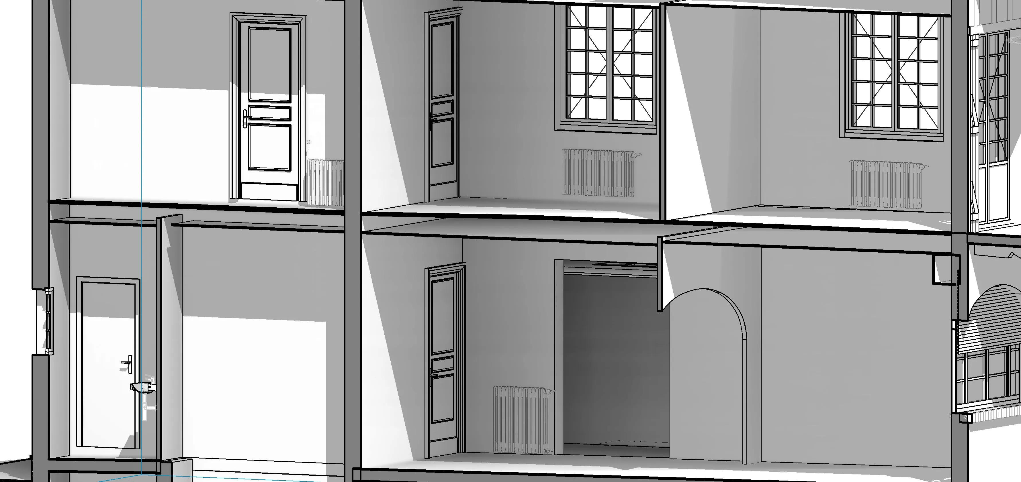 Coupe de la maquette Revit sur deux niveaux : menuiseries intérieures, radiateurs et cloisons