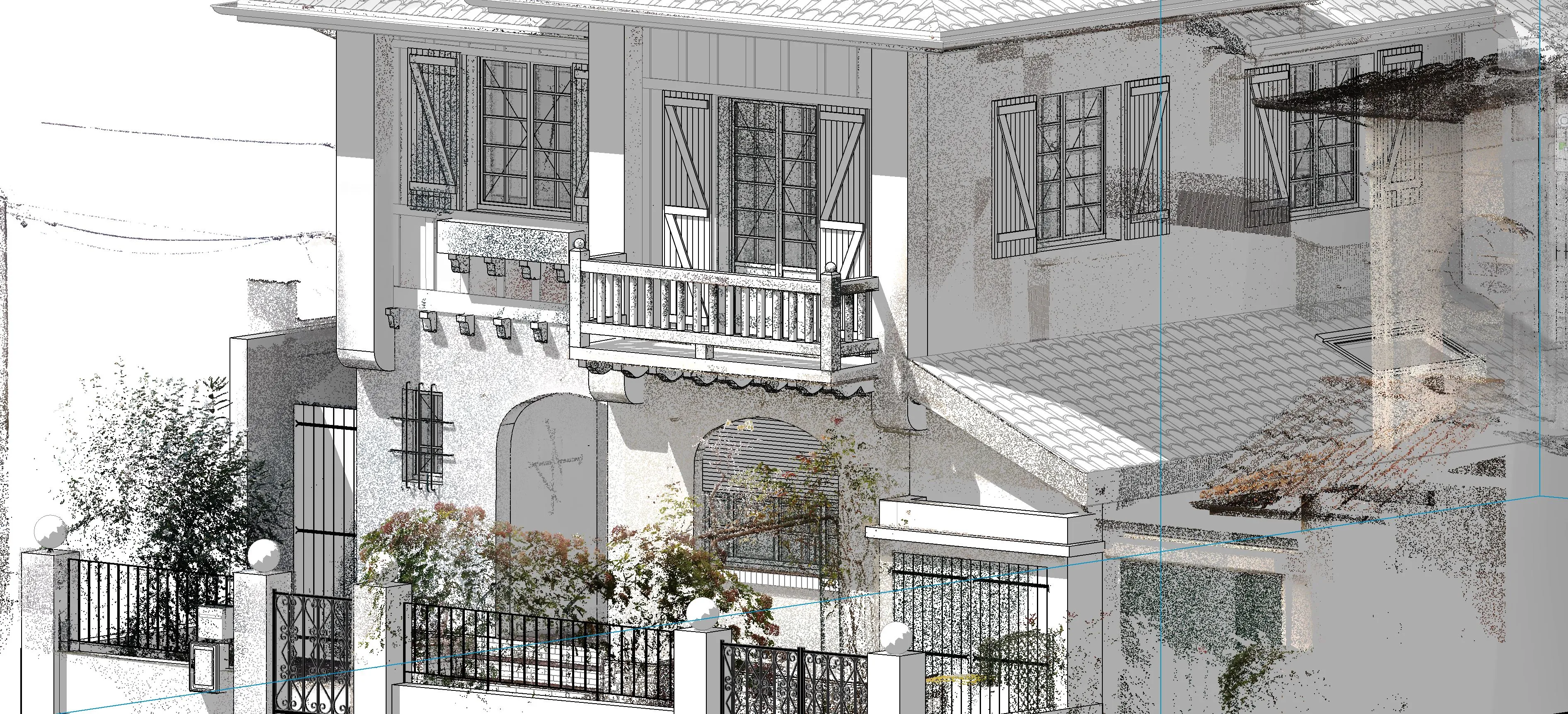 Nuage de points colorisé de la façade sur rue de la villa néo-basque : pans de bois, volets à barres, balcon à balustres et arcs maçonnés