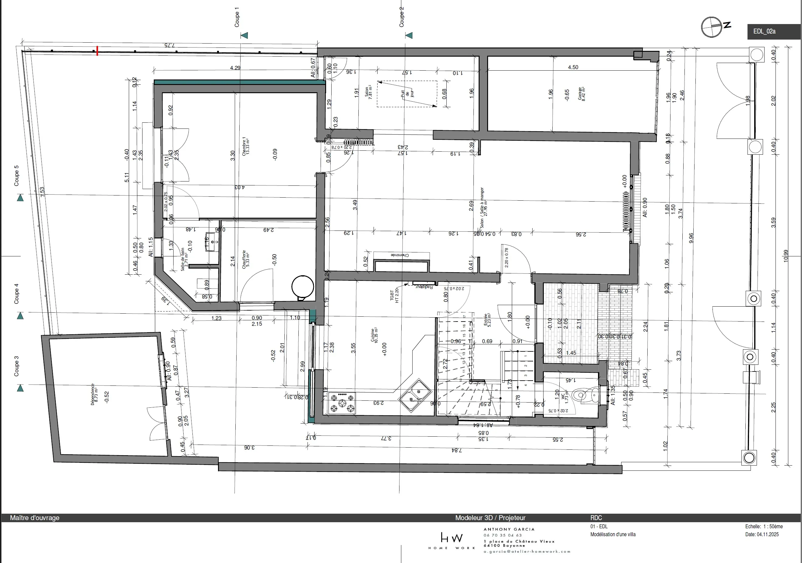 Plan de rez-de-chaussée coté au 1/50, pièces nommées et surfaces