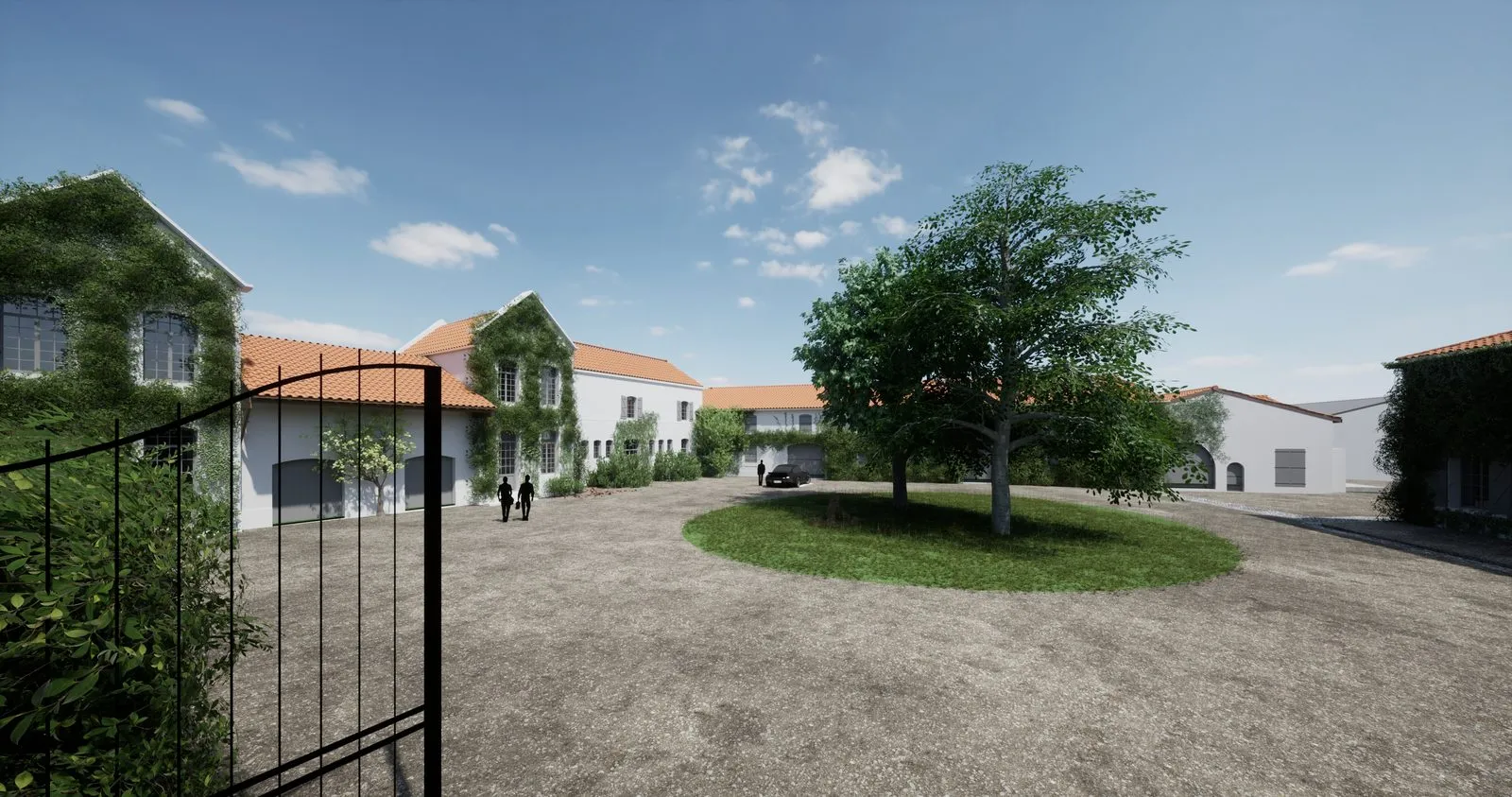Rendu Twinmotion de la cour du domaine viticole réhabilité en maison d’hôtes
