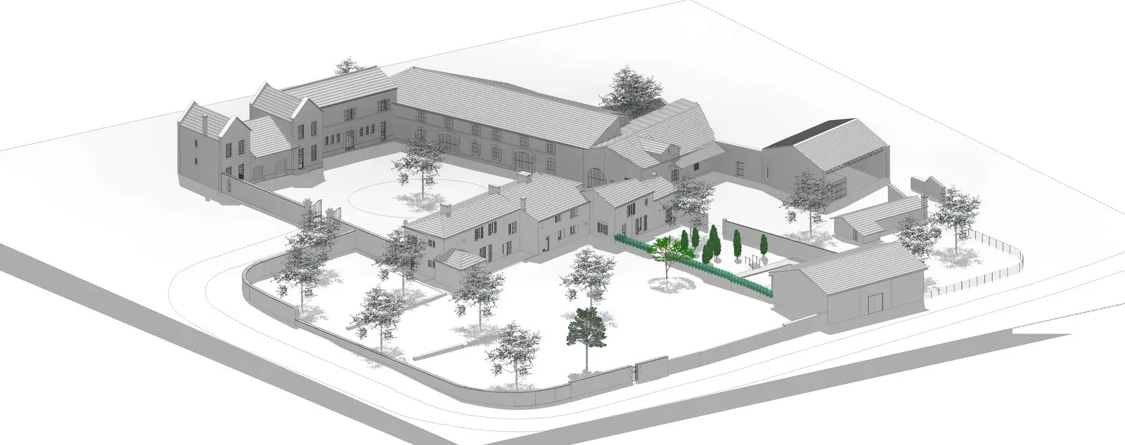 Maquette Revit — vue aérienne de la cour et des bâtiments imbriqués