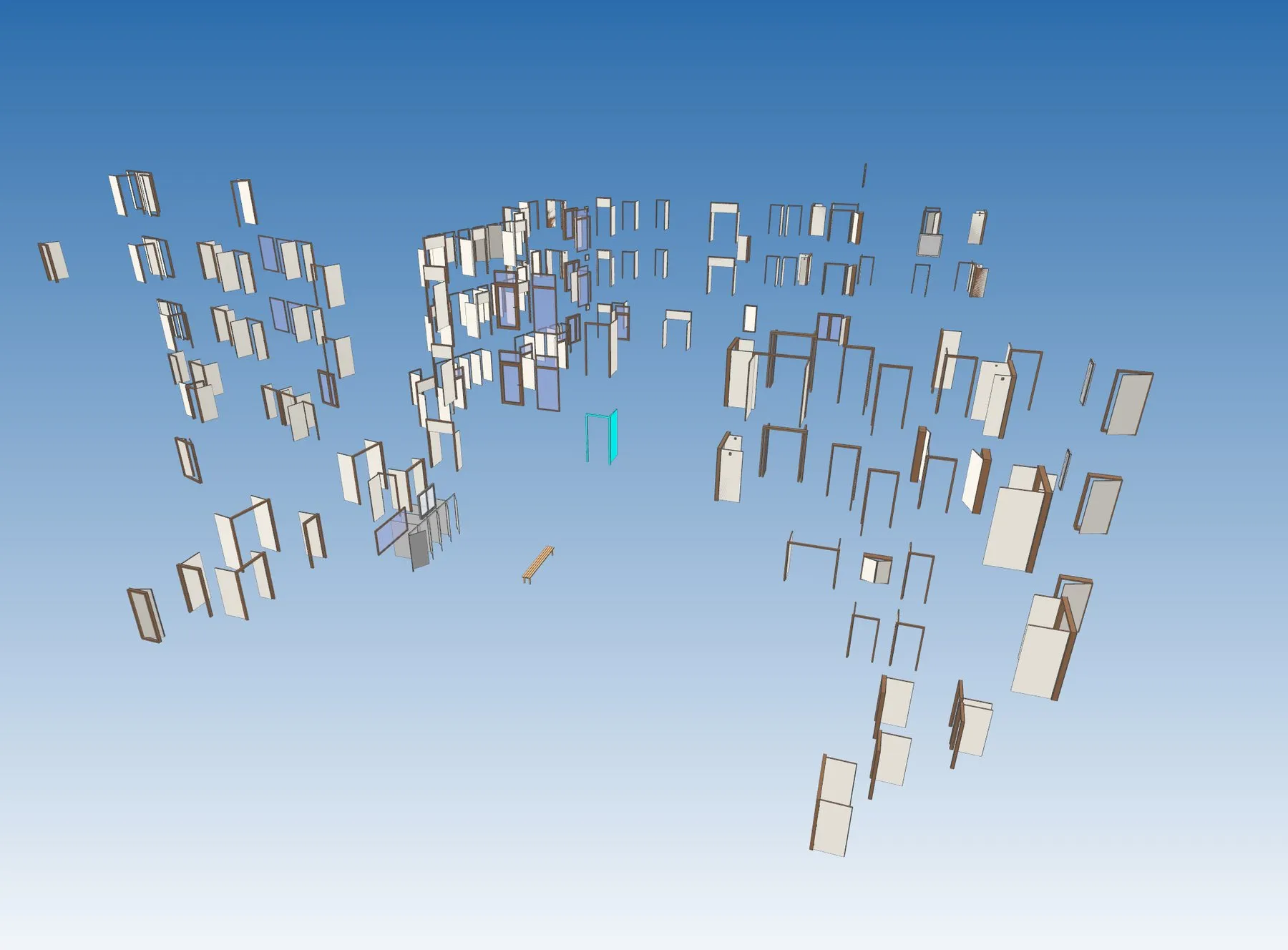 Vue 3D de l’ensemble des portes modélisées, isolées de la maquette