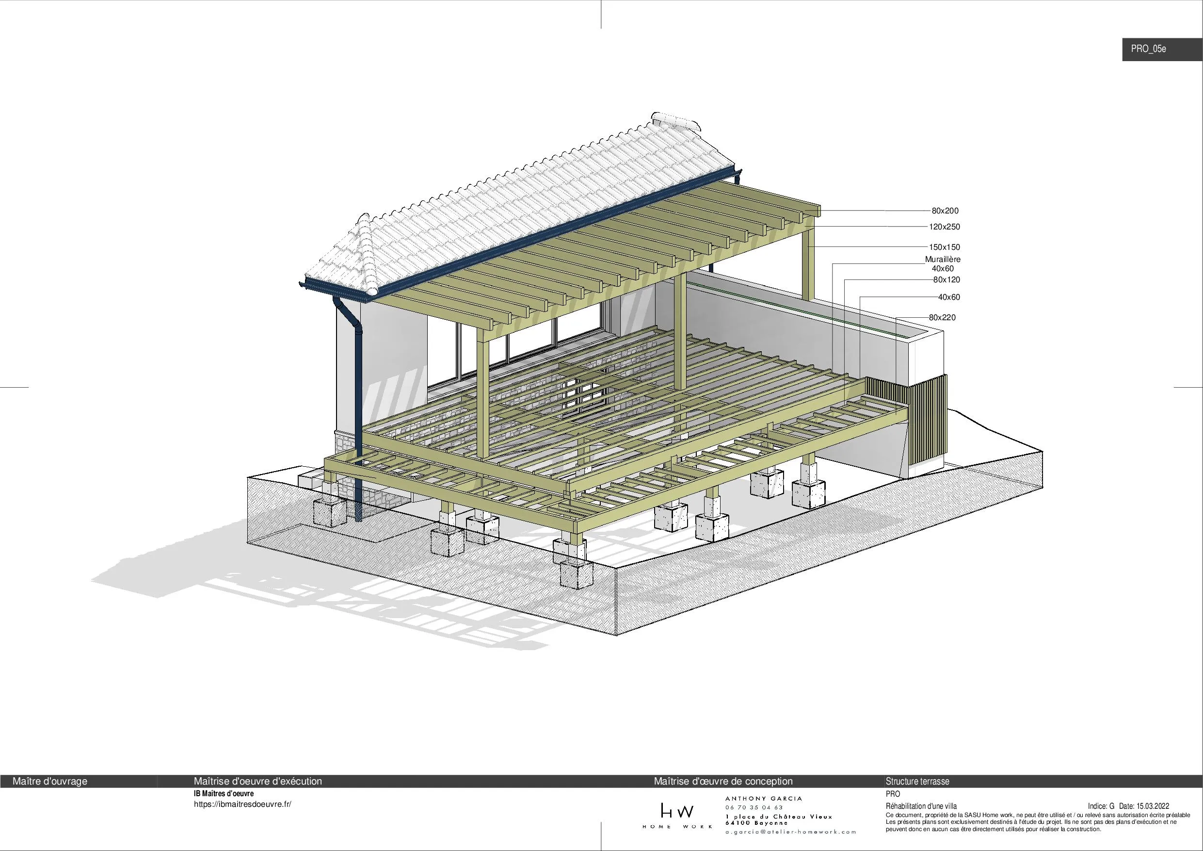Plan PRO — structure bois de la terrasse et de la pergola, vue axonométrique cotée