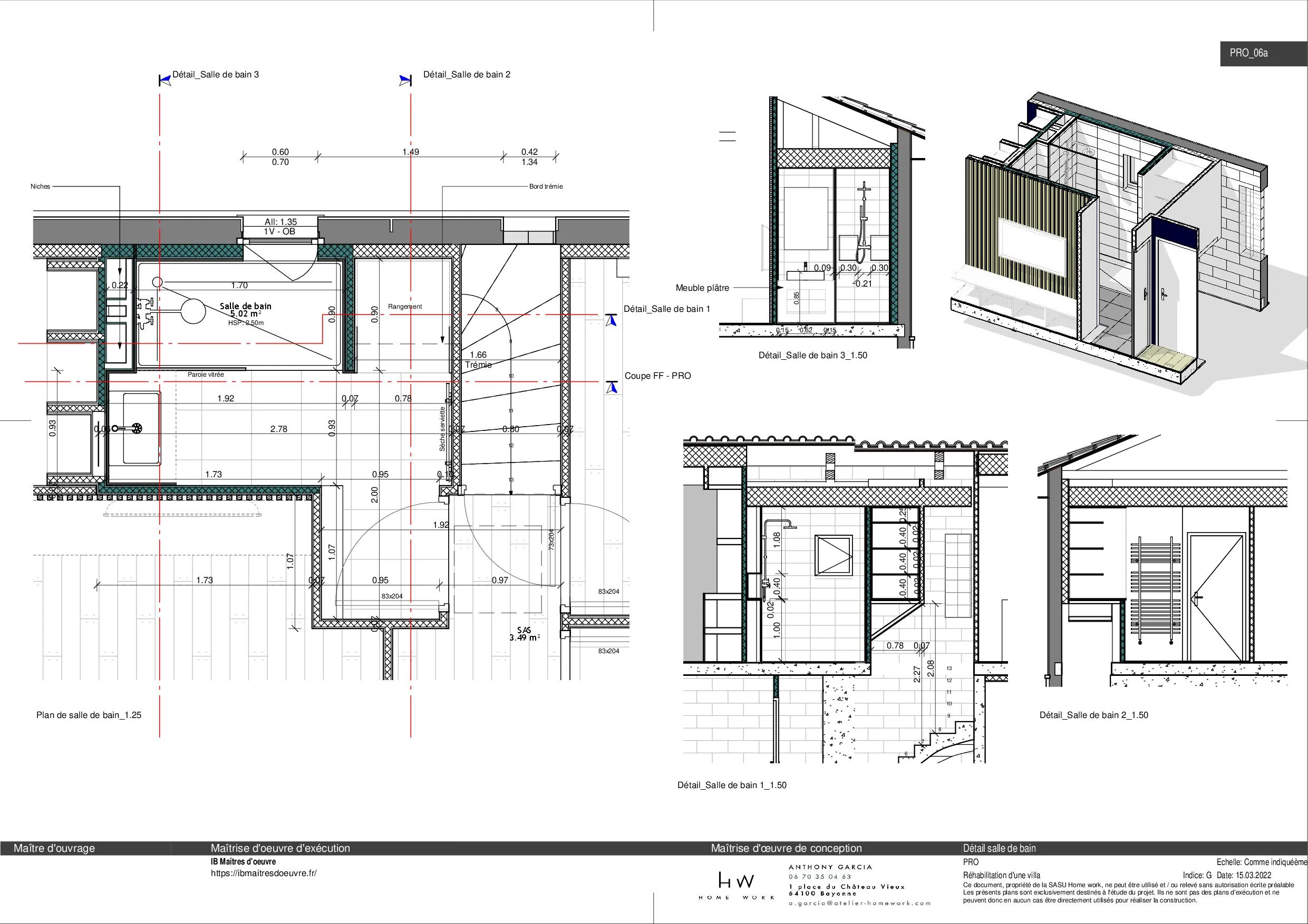 Plan PRO — détail de la salle de bain : plan, coupes et vue 3D