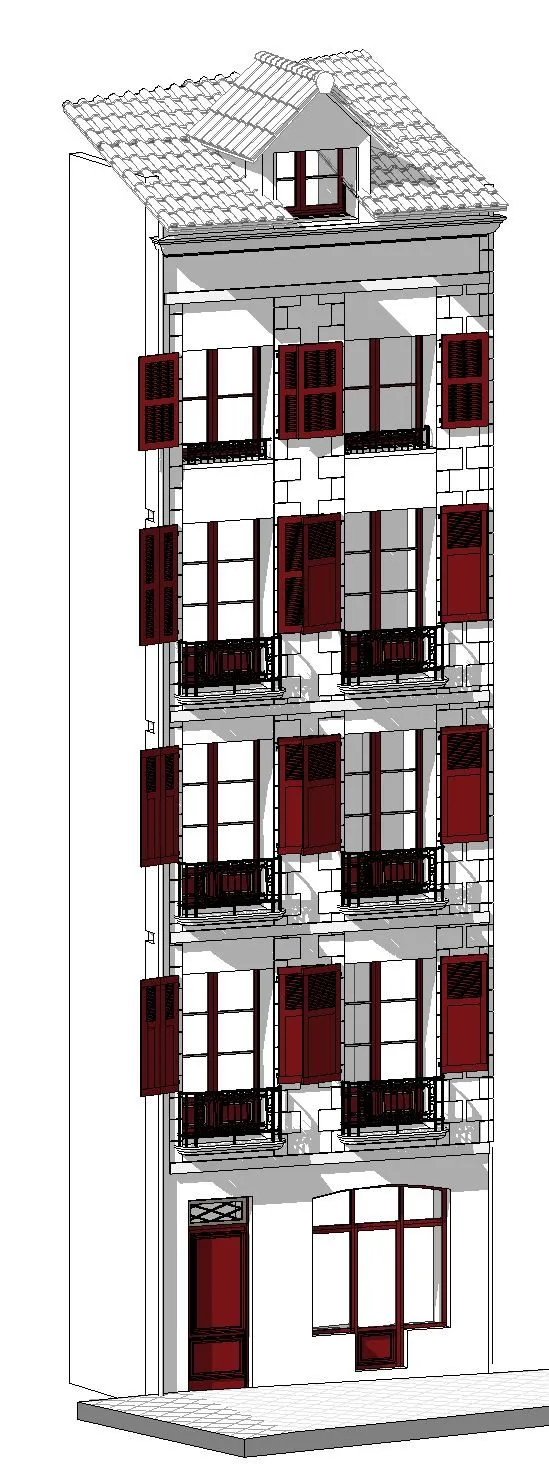 Façade du projet de restauration avec persiennes restituées