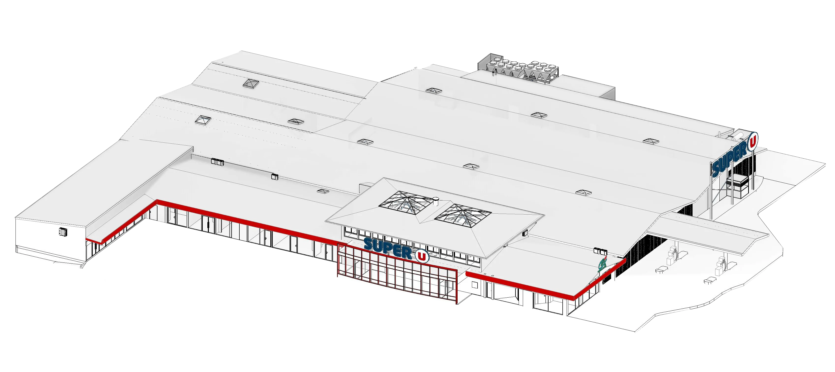 Maquette Revit reconstituée du centre commercial, au même point de vue que le nuage de points
