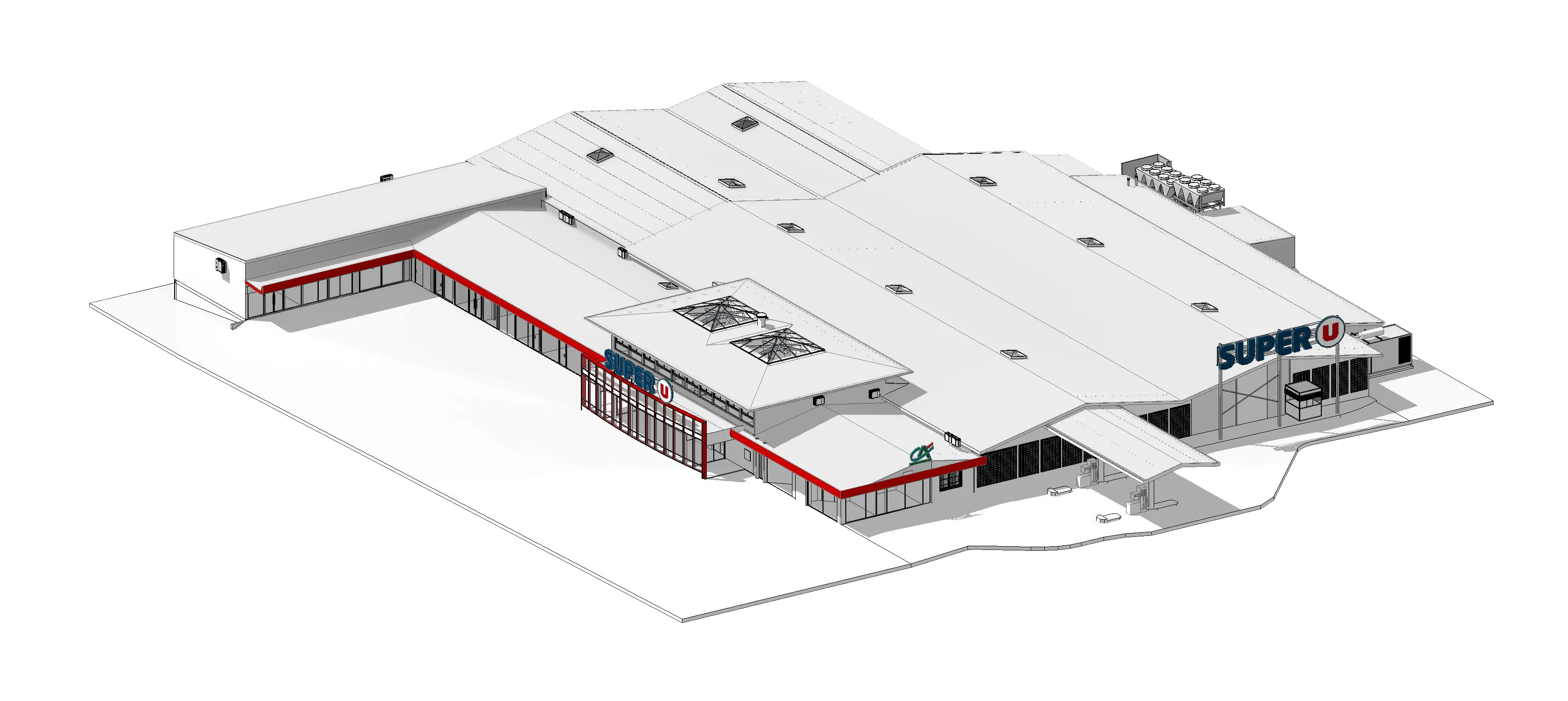 Maquette Revit du centre commercial — vue d’ensemble du magasin principal et de la galerie marchande
