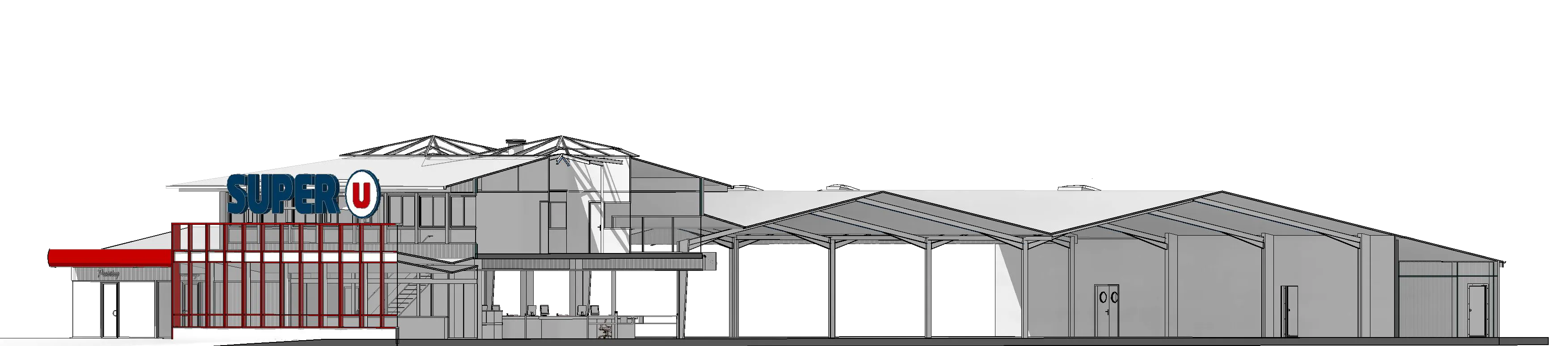 Maquette Revit — élévation type de la galerie marchande et de l’enseigne Super U