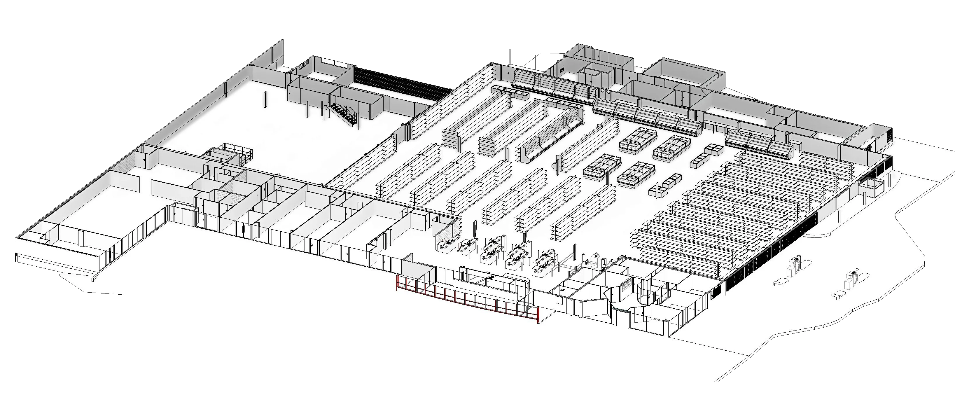 Maquette Revit intérieure — rayonnages et aménagement du magasin principal