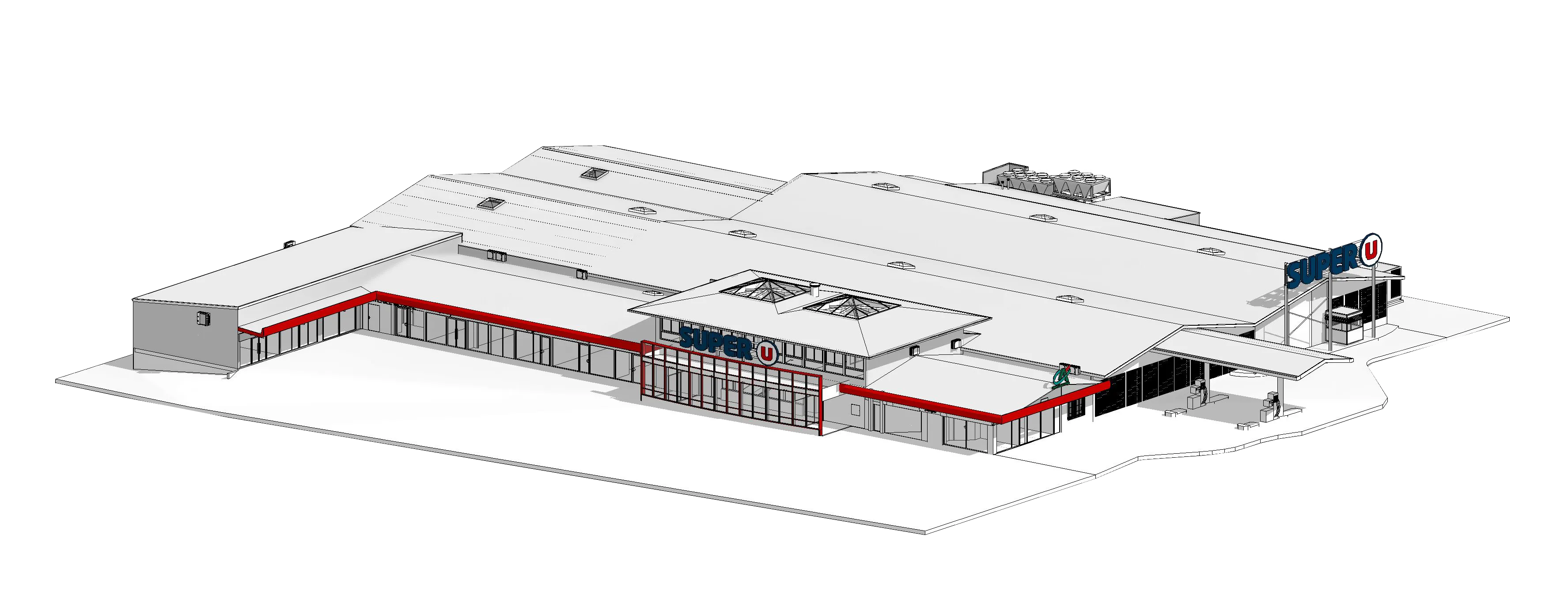 Maquette Revit du centre commercial Super U Ustaritz : magasin principal, galerie marchande et station essence, vue d’ensemble