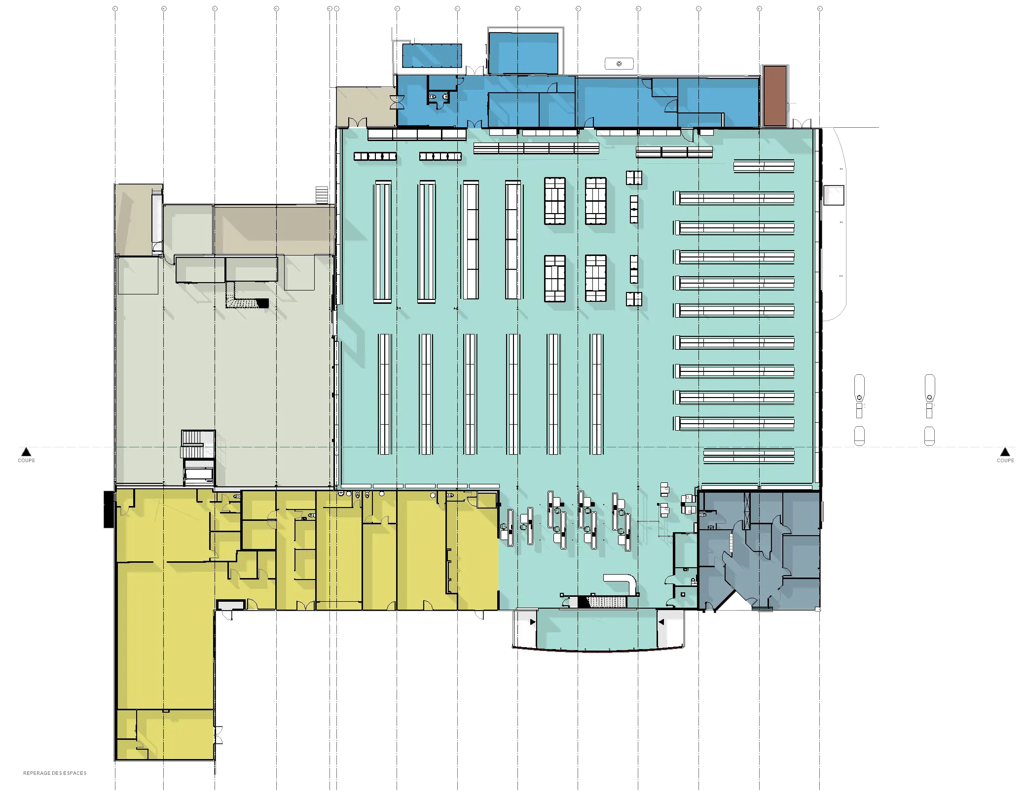 Plan de repérage des espaces — rez-de-chaussée, zones de vente, réserve et bureaux